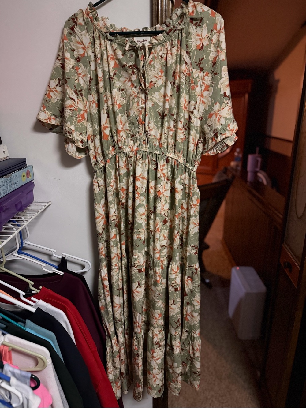 Hayden Olive Floral Midi Dress with Cream & Soft Orange Print
